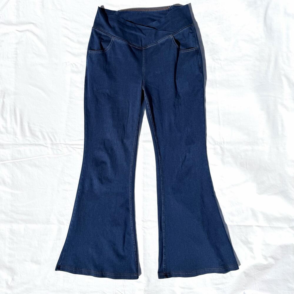 Halara Flex Crossover High Waisted Flare Jeans Womens Large Regular Pull On Blue